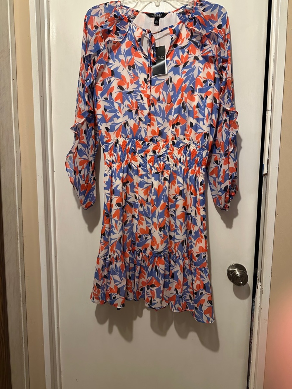 NWT Lauren Ralph Lauren Blue, Coral & White Floral Ruffled “Georgette” dress